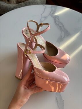 Stuart Weitzman Pink Patent Platform Mary Jane Sandals